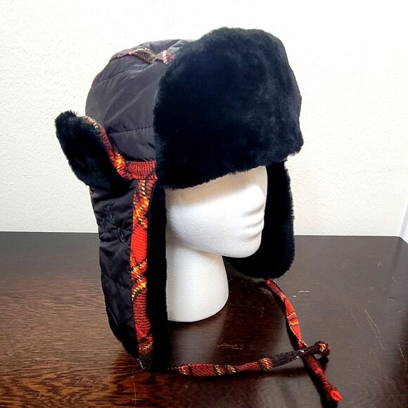 J Crew Trapper Hat Black Red Plaid S/M Cotton Sheep Skin Ear Snaps Chin Tie 2006 - Picture 1 of 15